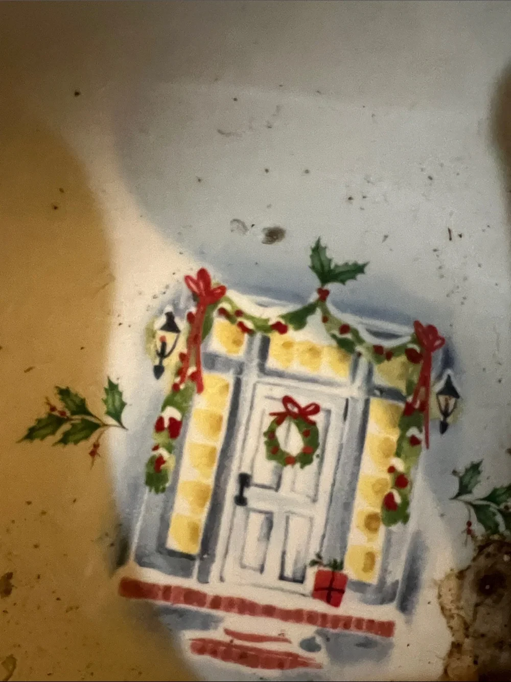 Vintagev Festive Holiday Serving Bowl with Holly Garland and Cozy House Motif